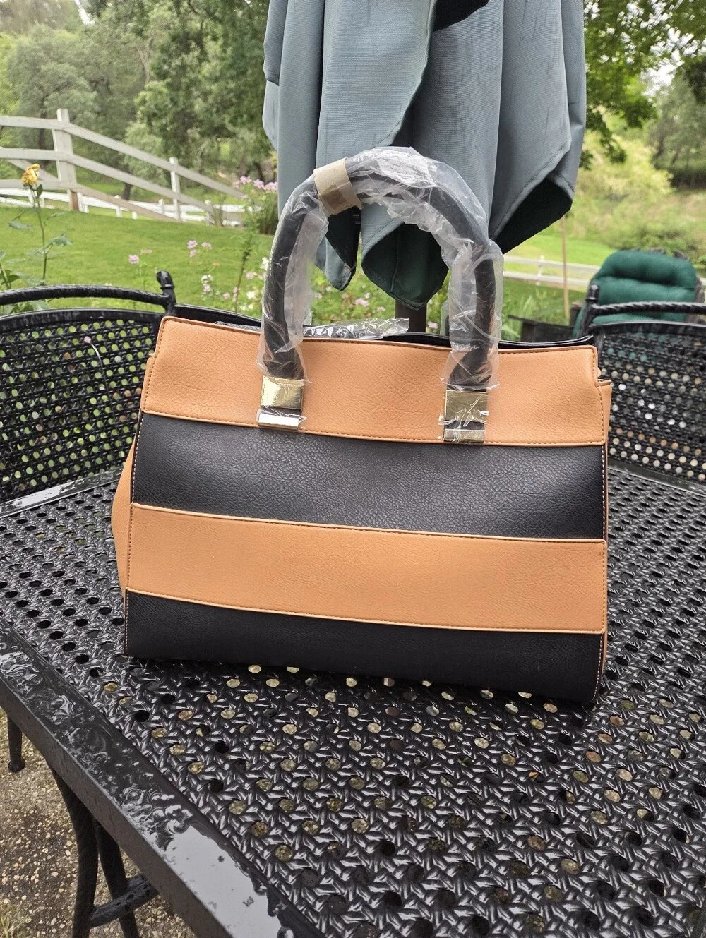 Black & Tan Color Block Tote, Large Structured Travel Work Shoulder Bag
